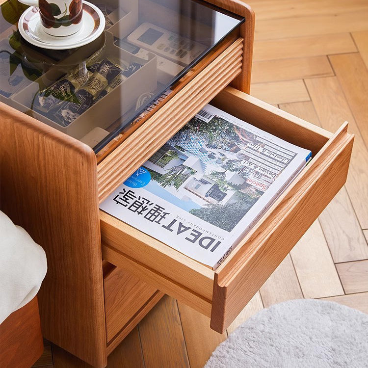 Table de chevet moderne minimaliste amovible en verre carré avec bois massif à 2 tiroirs pour chambre 