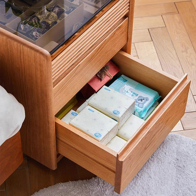 Table de chevet moderne minimaliste amovible en verre carré avec bois massif à 2 tiroirs pour chambre 