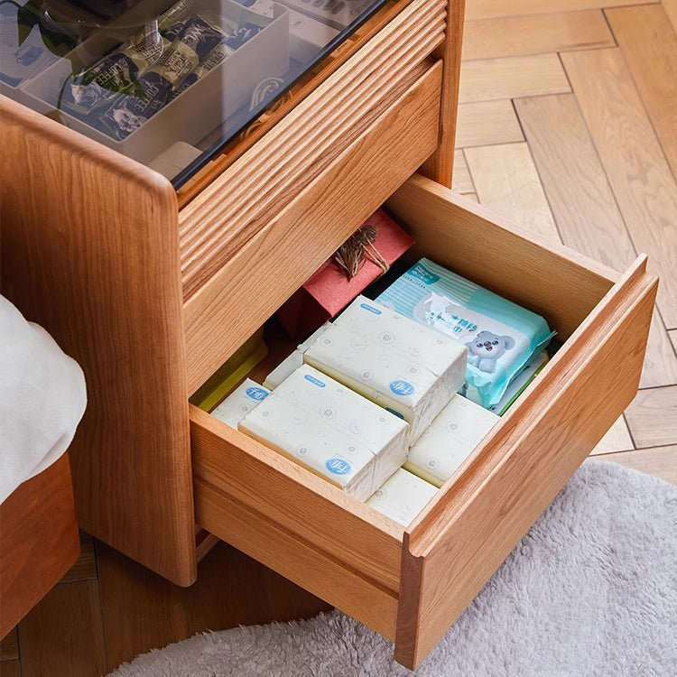 Table de chevet moderne minimaliste amovible en verre carré avec bois massif à 2 tiroirs pour chambre 