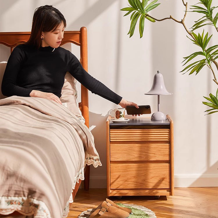 Table de chevet moderne minimaliste amovible en verre carré avec bois massif à 2 tiroirs pour chambre 
