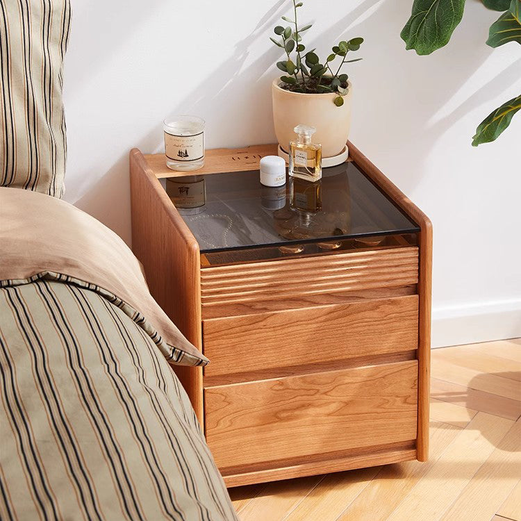 Table de chevet moderne minimaliste amovible en verre carré avec bois massif à 2 tiroirs pour chambre 