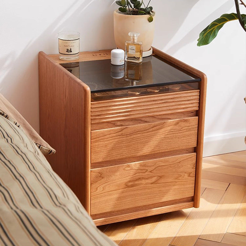 Table de chevet moderne minimaliste amovible en verre carré avec bois massif à 2 tiroirs pour chambre 