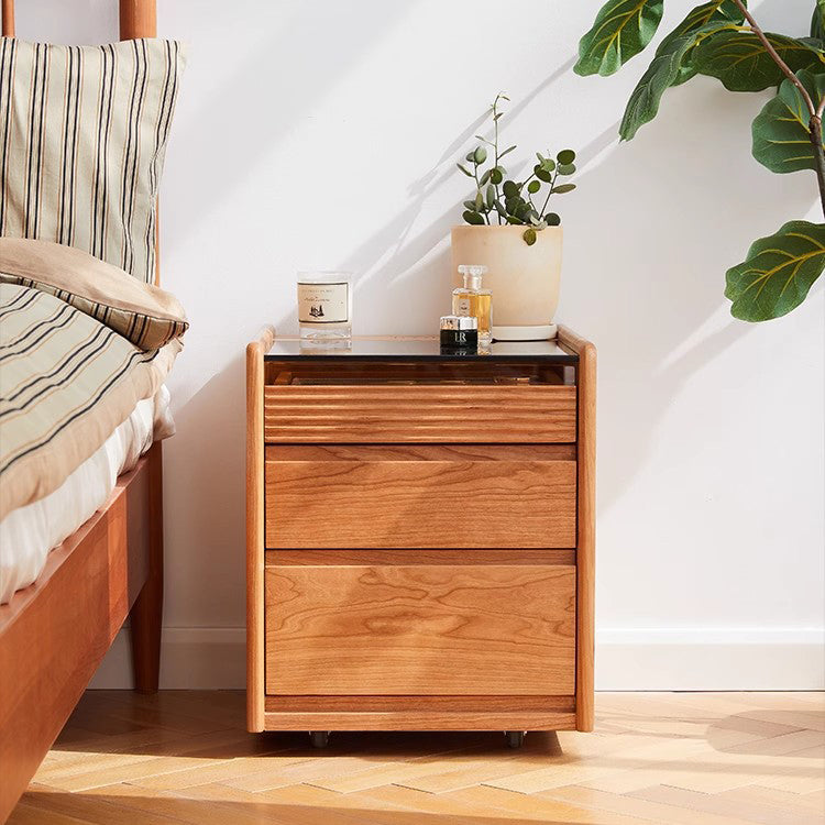 Table de chevet moderne minimaliste amovible en verre carré avec bois massif à 2 tiroirs pour chambre 