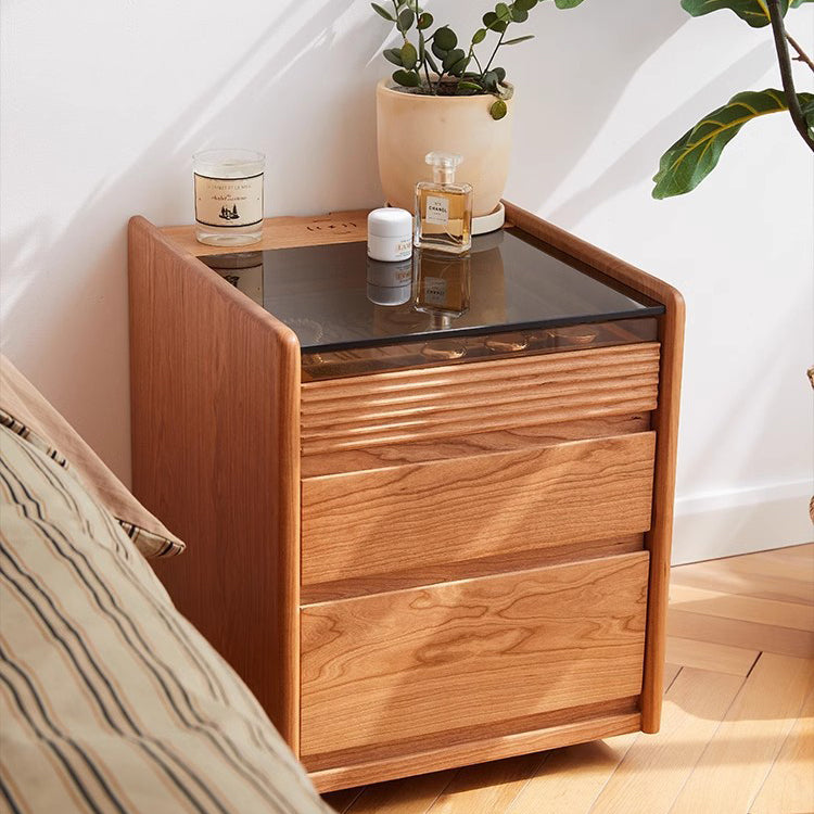 Table de chevet moderne minimaliste amovible en verre carré avec bois massif à 2 tiroirs pour chambre 