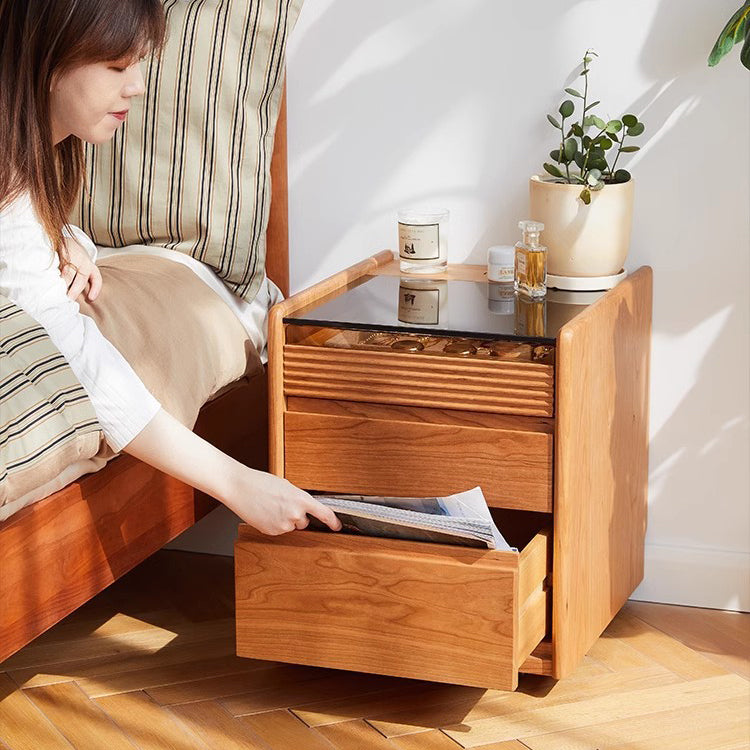 Table de chevet moderne minimaliste amovible en verre carré avec bois massif à 2 tiroirs pour chambre 
