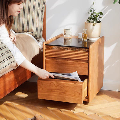 Table de chevet moderne minimaliste amovible en verre carré avec bois massif à 2 tiroirs pour chambre 