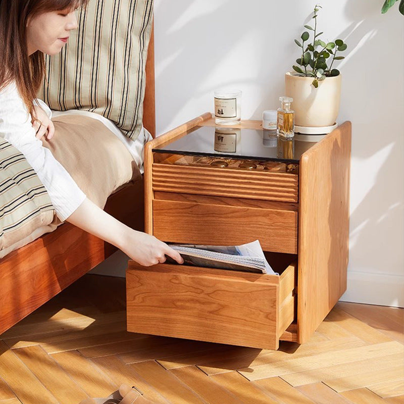 Table de chevet moderne minimaliste amovible en verre carré avec bois massif à 2 tiroirs pour chambre 
