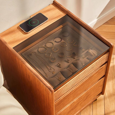 Table de chevet moderne minimaliste amovible en verre carré avec bois massif à 2 tiroirs pour chambre 