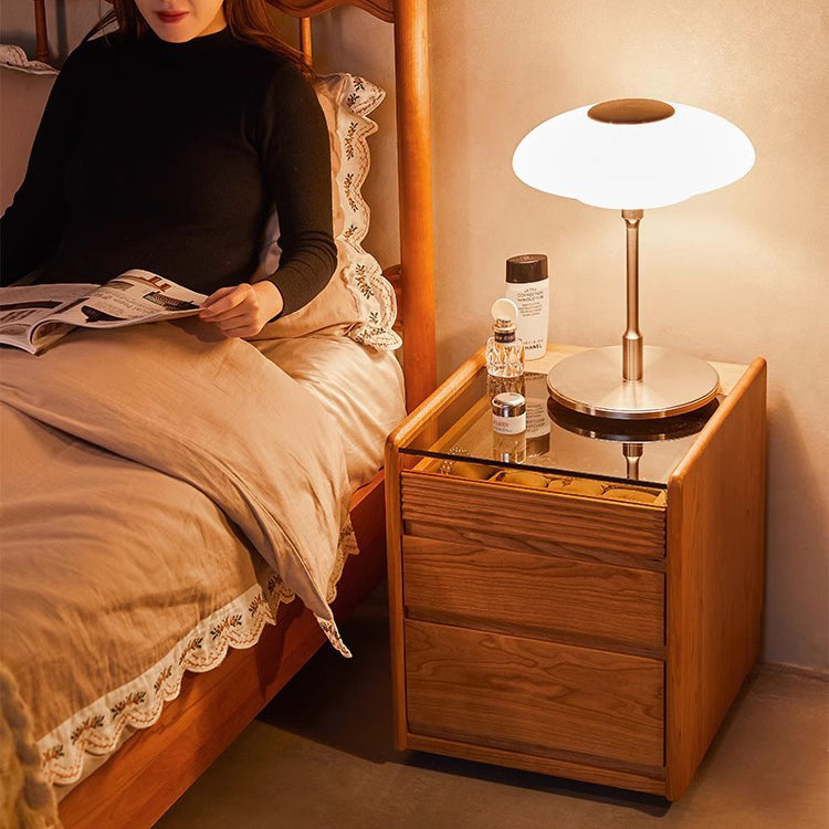 Table de chevet moderne minimaliste amovible en verre carré avec bois massif à 2 tiroirs pour chambre 