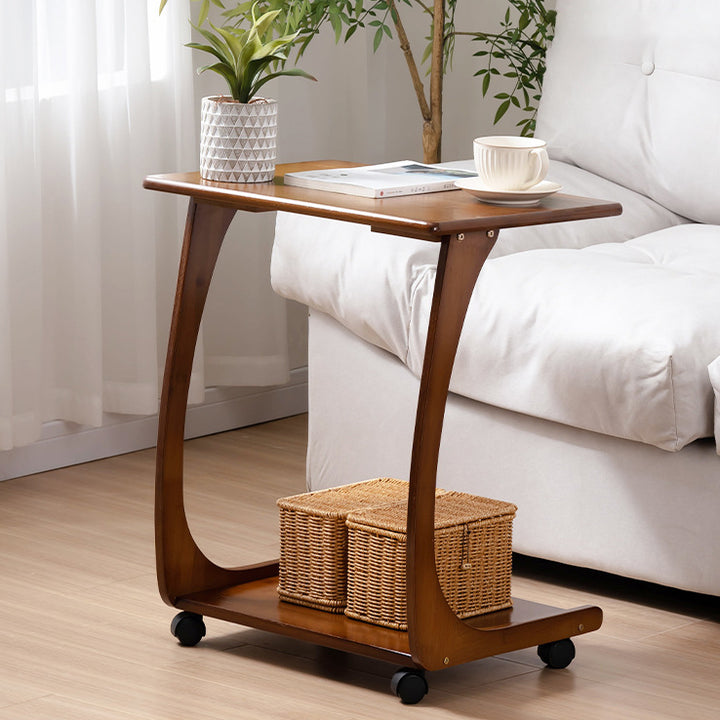 Modern Minimalist Rectangle C Shape Removable Bamboo Wood End Table 2-Tier For Living Room