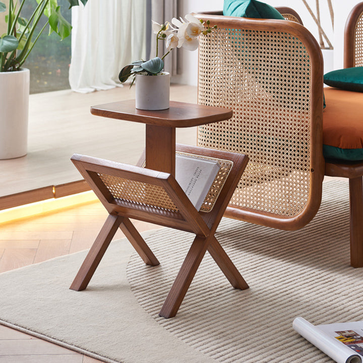 Traditioneller Vintage-Quadrat-Buchplatten-Form-Dreieck-Unterstützung Eschenholz Rattan Beistelltisch 1-stöckig für Wohnzimmer 