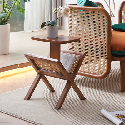 Traditional Vintage Square Bookplate Shape Triangle Support Ash Wood Rattan End Table 1-Tier For Living Room