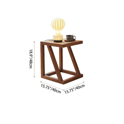 Traditional Vintage Square Bookplate Shape Triangle Support Ash Wood Rattan End Table 1-Tier For Living Room