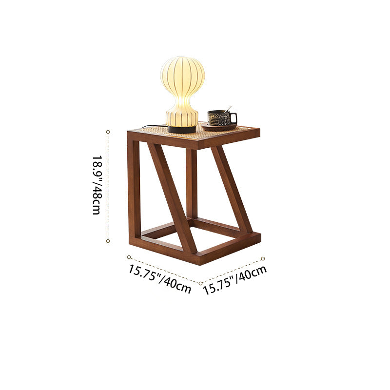 Traditional Vintage Square Bookplate Shape Triangle Support Ash Wood Rattan End Table 1-Tier For Living Room