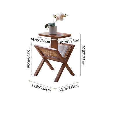 Traditional Vintage Square Bookplate Shape Triangle Support Ash Wood Rattan End Table 1-Tier For Living Room