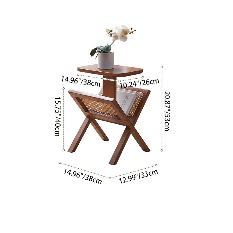 Traditional Vintage Square Bookplate Shape Triangle Support Ash Wood Rattan End Table 1-Tier For Living Room