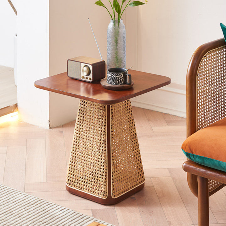 Traditioneller Vintage-Quadrat-Buchplatten-Form-Dreieck-Unterstützung Eschenholz Rattan Beistelltisch 1-stöckig für Wohnzimmer 