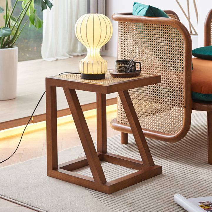 Traditioneller Vintage-Quadrat-Buchplatten-Form-Dreieck-Unterstützung Eschenholz Rattan Beistelltisch 1-stöckig für Wohnzimmer 