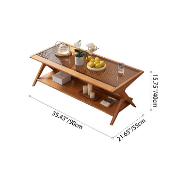 Traditioneller japanischer rechteckiger Dreieckstützglas-Aschenholztisch aus Rattan mit 2 Ebenen für das Wohnzimmer 