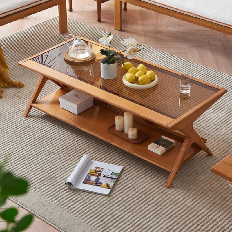 Traditioneller japanischer rechteckiger Dreieckstützglas-Aschenholztisch aus Rattan mit 2 Ebenen für das Wohnzimmer 