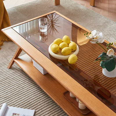 Traditioneller japanischer rechteckiger Dreieckstützglas-Aschenholztisch aus Rattan mit 2 Ebenen für das Wohnzimmer 