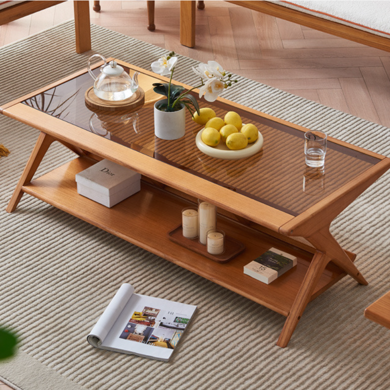Traditioneller japanischer rechteckiger Dreieckstützglas-Aschenholztisch aus Rattan mit 2 Ebenen für das Wohnzimmer 
