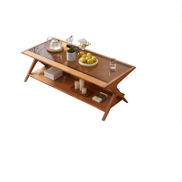 Traditioneller japanischer rechteckiger Dreieckstützglas-Aschenholztisch aus Rattan mit 2 Ebenen für das Wohnzimmer 