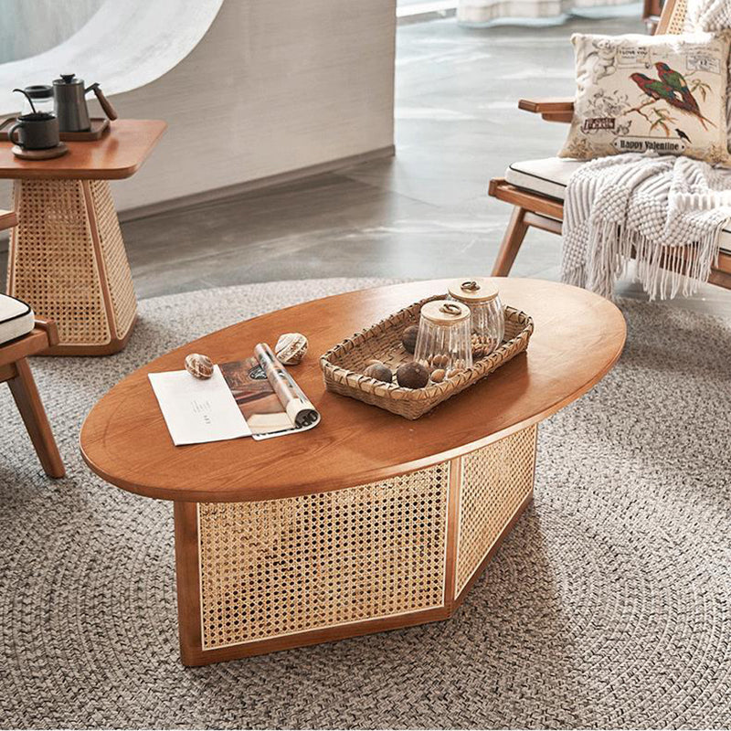 Contemporary Scandinavian Oval Square Trapezoidal Solid Wood Rattan End Table 1-Tier For Living Room
