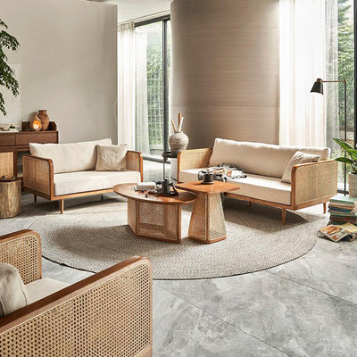 Contemporary Scandinavian Oval Square Trapezoidal Solid Wood Rattan End Table 1-Tier For Living Room