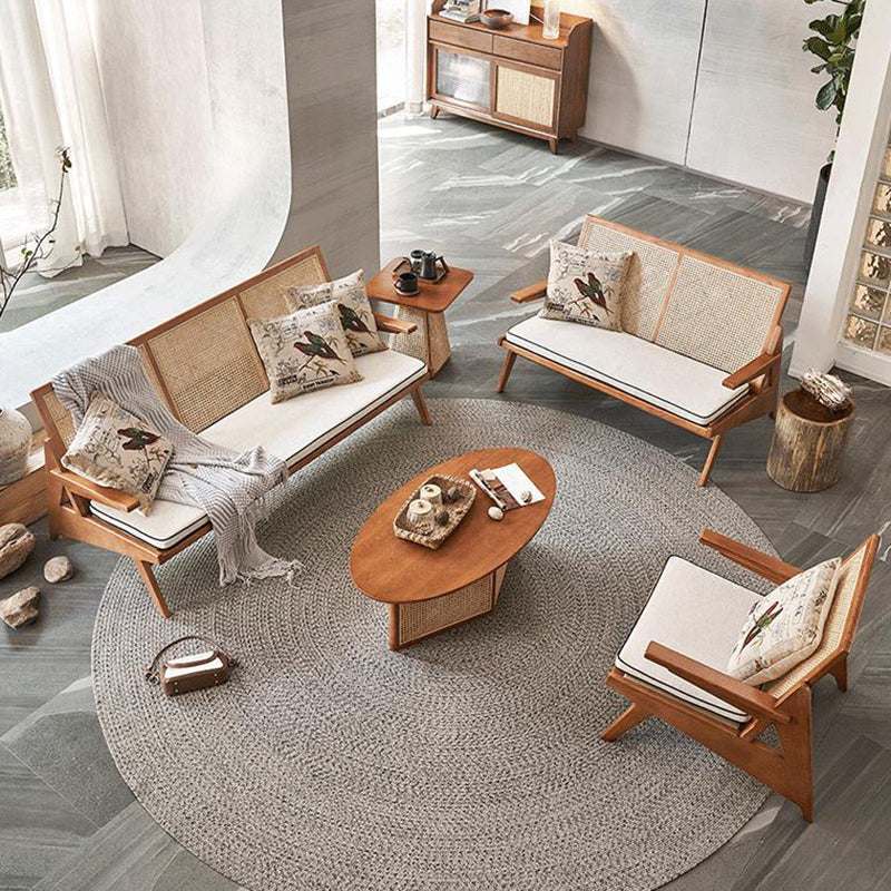 Contemporary Scandinavian Oval Square Trapezoidal Solid Wood Rattan End Table 1-Tier For Living Room