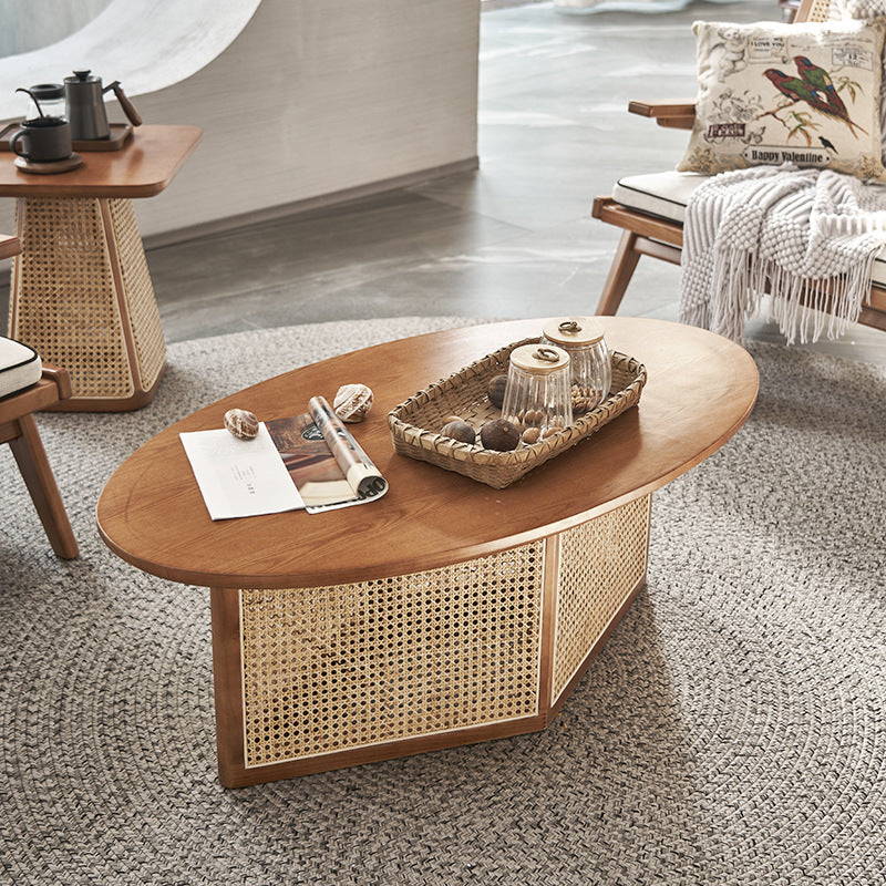 Contemporary Scandinavian Oval Square Trapezoidal Solid Wood Rattan End Table 1-Tier For Living Room