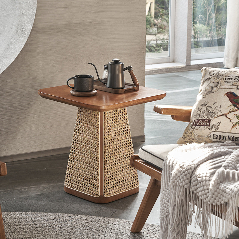 Contemporary Scandinavian Oval Square Trapezoidal Solid Wood Rattan End Table 1-Tier For Living Room