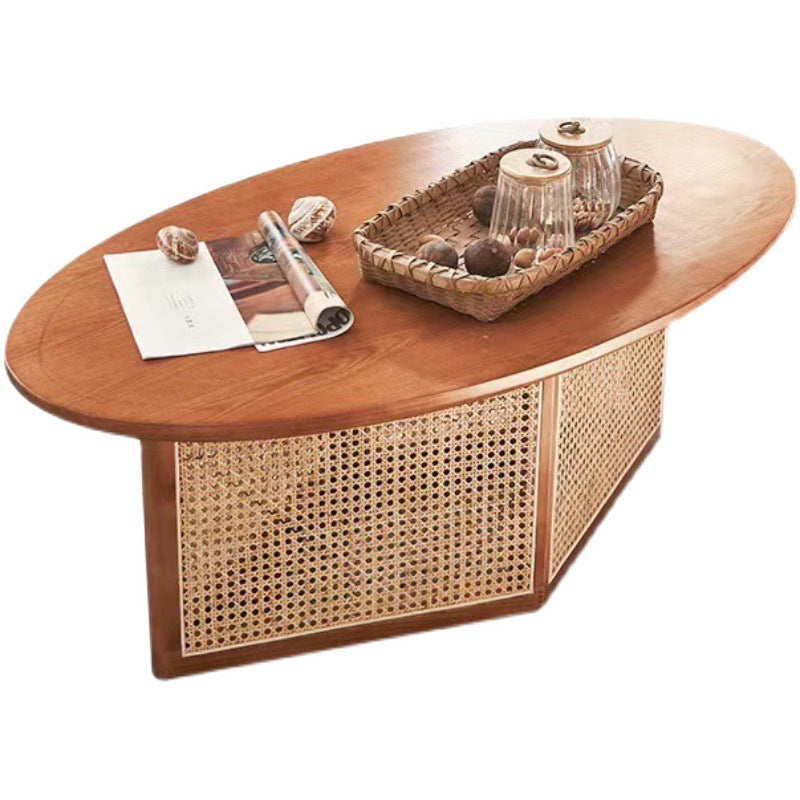 Contemporary Scandinavian Oval Square Trapezoidal Solid Wood Rattan End Table 1-Tier For Living Room
