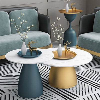 Contemporary Scandinavian Round Conical Rock Slab Iron End Table 1-Tier For Living Room