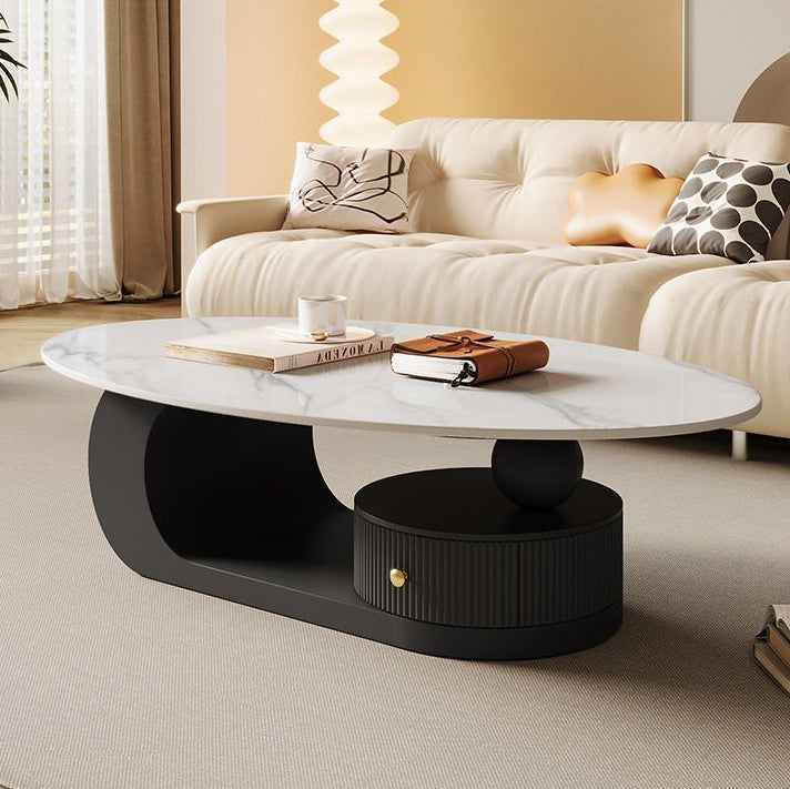 Contemporary Scandinavian Oval Round Curved Rock Slab Iron End Table 1-Tier For Living Room