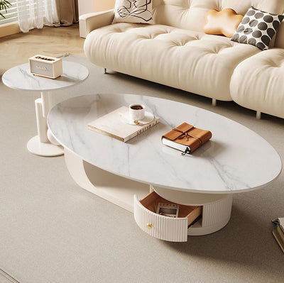 Contemporary Scandinavian Oval Round Curved Rock Slab Iron End Table 1-Tier For Living Room