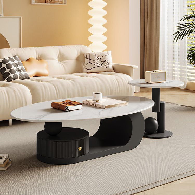 Contemporary Scandinavian Oval Round Curved Rock Slab Iron End Table 1-Tier For Living Room