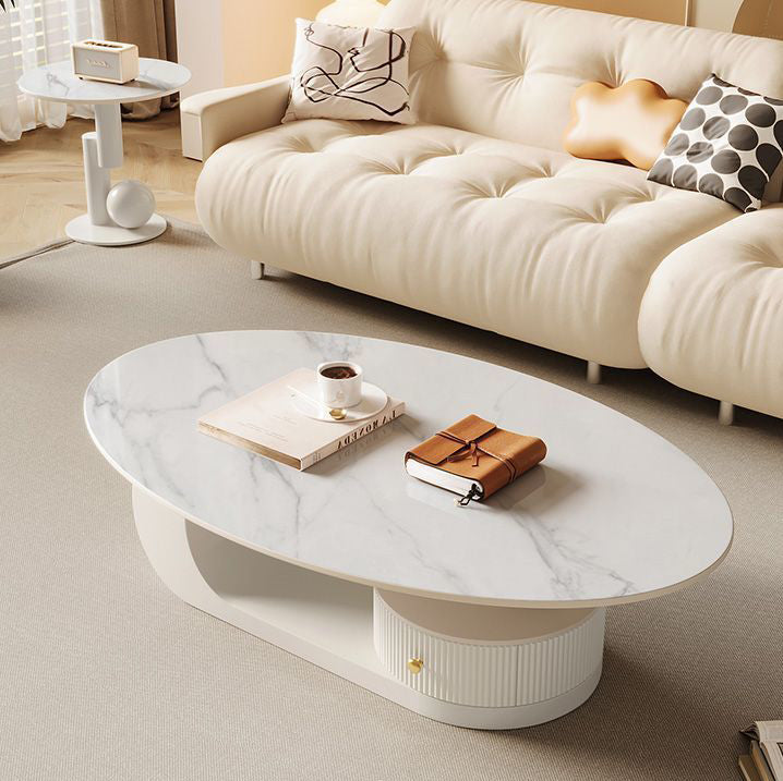 Contemporary Scandinavian Oval Round Curved Rock Slab Iron End Table 1-Tier For Living Room