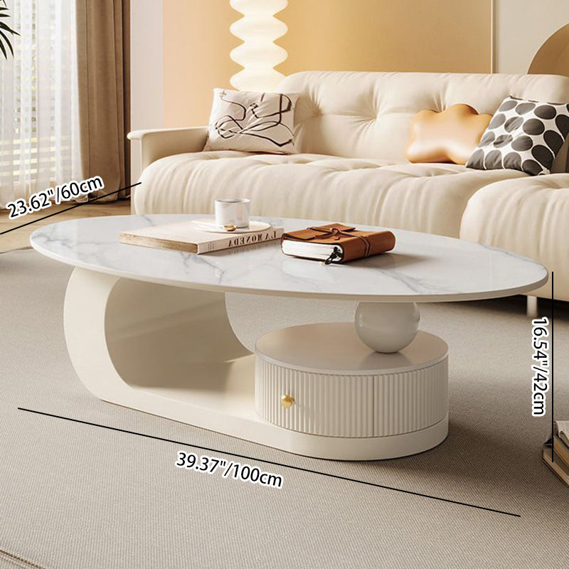 Contemporary Scandinavian Oval Round Curved Rock Slab Iron End Table 1-Tier For Living Room