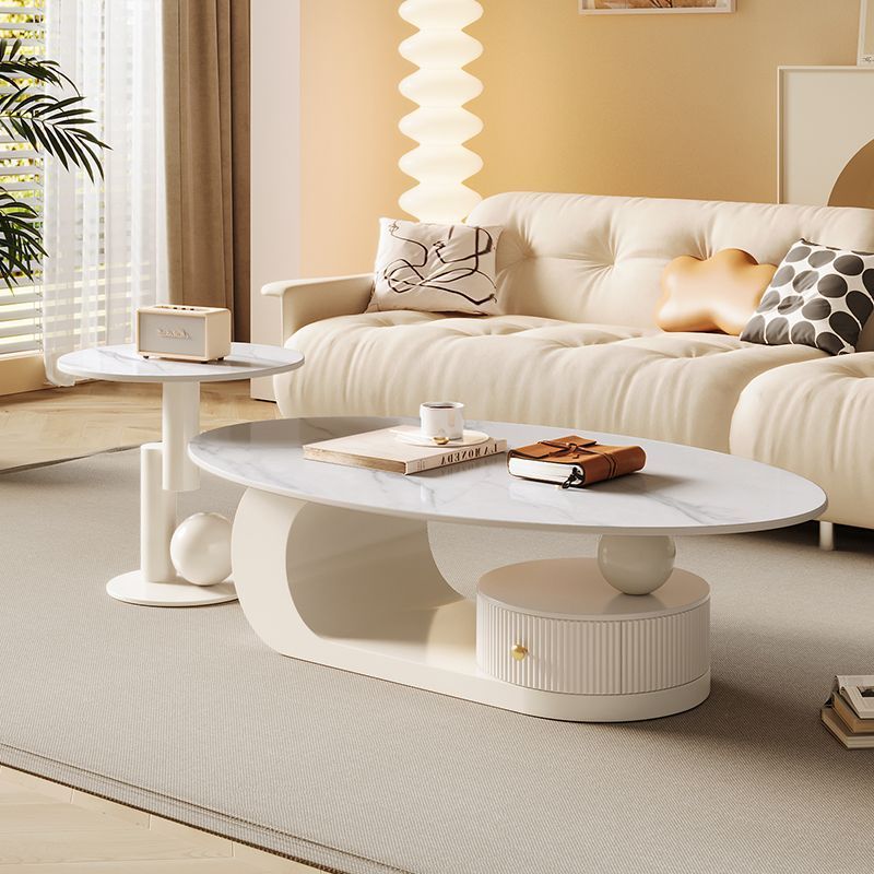 Contemporary Scandinavian Oval Round Curved Rock Slab Iron End Table 1-Tier For Living Room