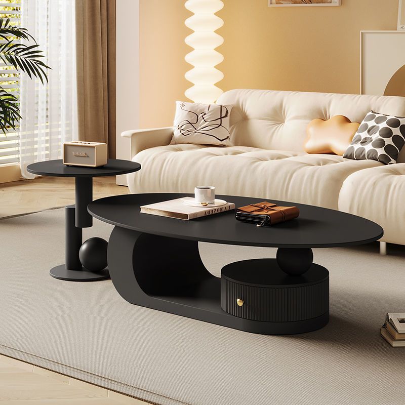 Contemporary Scandinavian Oval Round Curved Rock Slab Iron End Table 1-Tier For Living Room