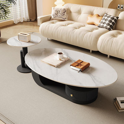 Contemporary Scandinavian Oval Round Curved Rock Slab Iron End Table 1-Tier For Living Room