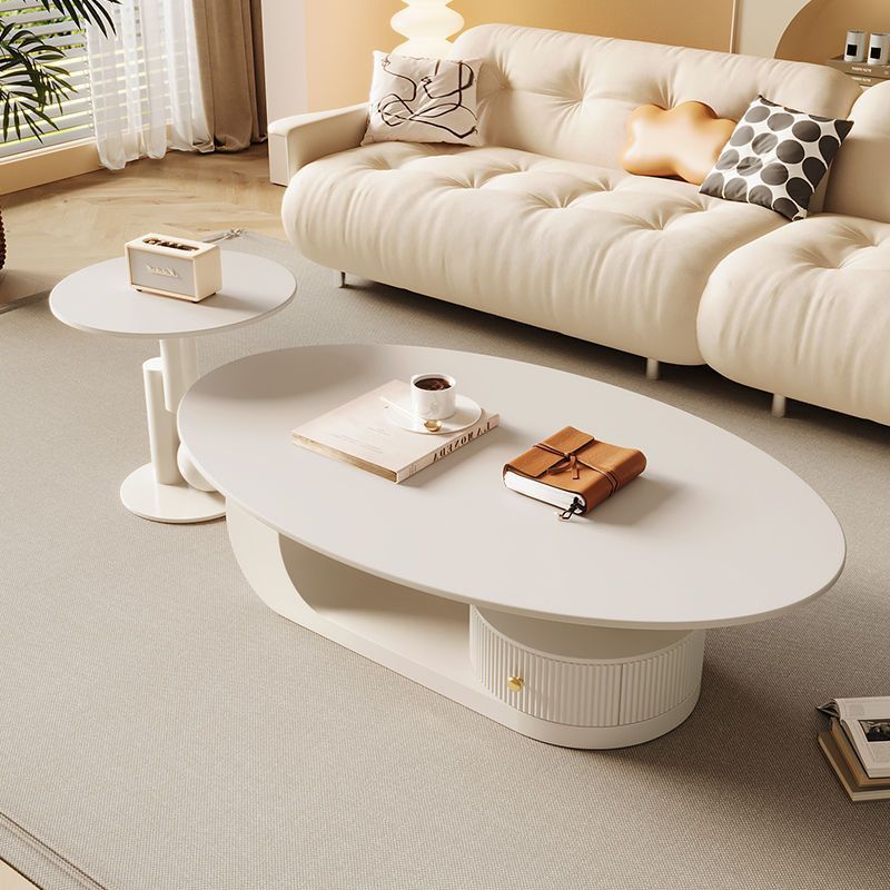 Contemporary Scandinavian Oval Round Curved Rock Slab Iron End Table 1-Tier For Living Room