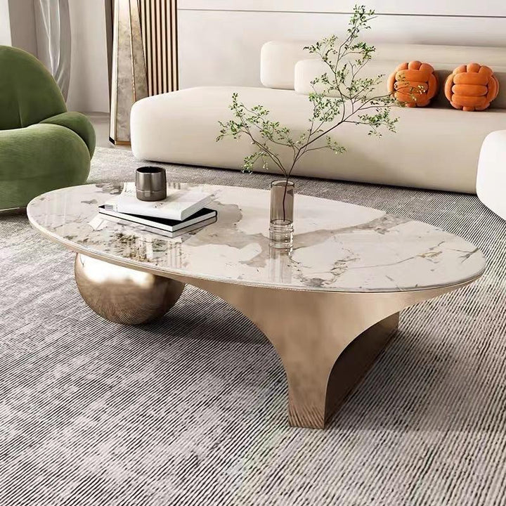Contemporary Creative Oval Round Ball Marble Metal End Table 1-Tier For Living Room
