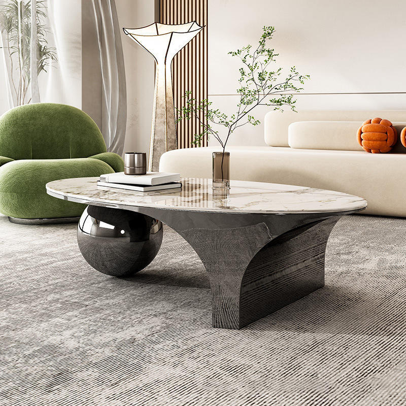 Contemporary Creative Oval Round Ball Marble Metal End Table 1-Tier For Living Room