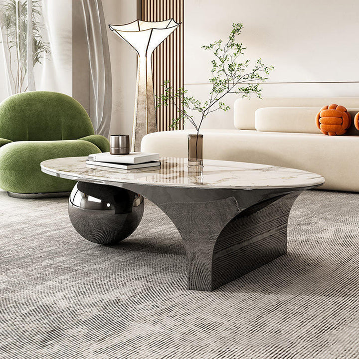 Contemporary Creative Oval Round Ball Marble Metal End Table 1-Tier For Living Room