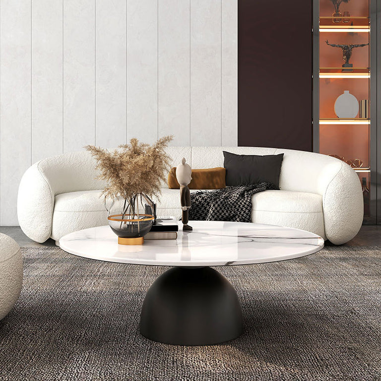 Contemporary Scandinavian Round Semicircle Rock Slab Metal End Table 1-Tier For Living Room
