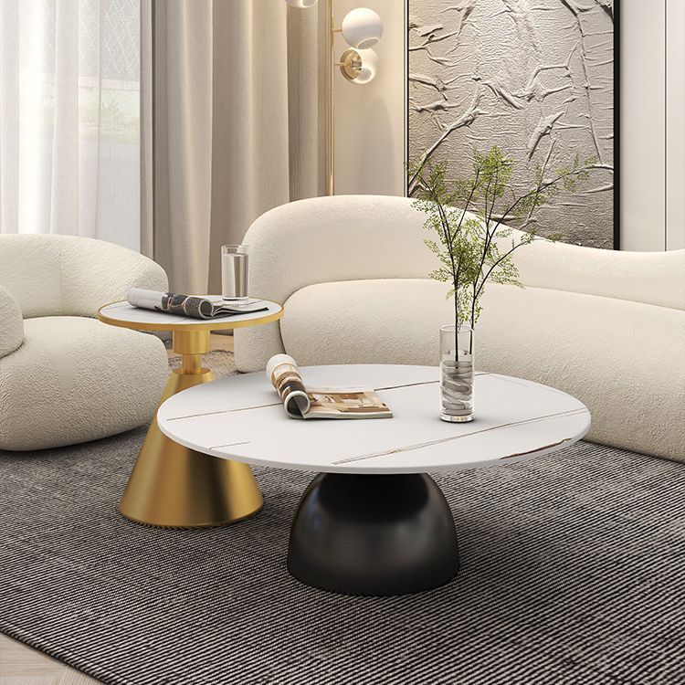 Contemporary Scandinavian Round Semicircle Rock Slab Metal End Table 1-Tier For Living Room