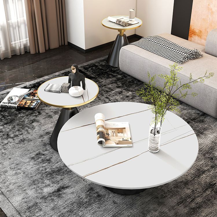 Contemporary Scandinavian Round Semicircle Rock Slab Metal End Table 1-Tier For Living Room