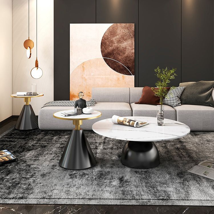 Contemporary Scandinavian Round Semicircle Rock Slab Metal End Table 1-Tier For Living Room
